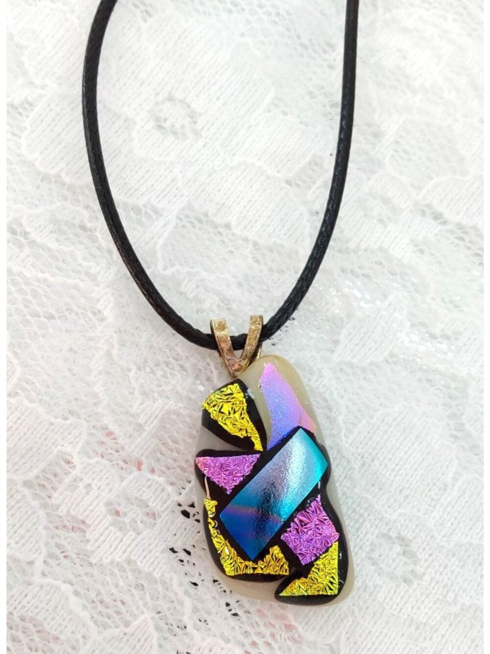Fused Glass Ivory Glass with Dichroic Pieces - Handmade Jewelry Necklace Pendant